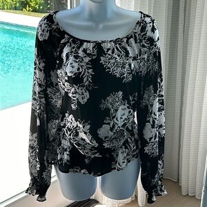 OUNTERPARTS BLACK & WHITE FLORAL BLOUSE ELASTIC WAIST Large